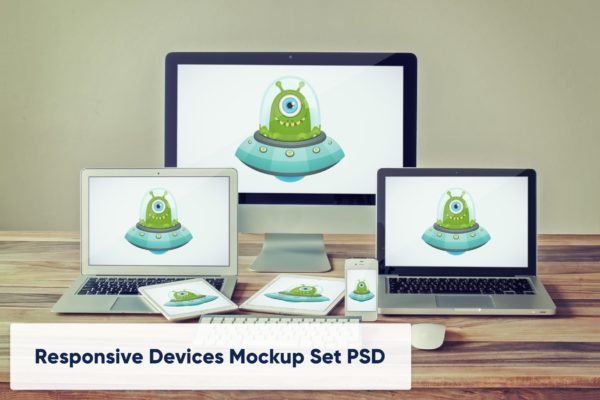 办公桌场景响应式设计多设备兼容屏幕预览样机 Desktop, Laptops, Tablets and Phone Device Mockup