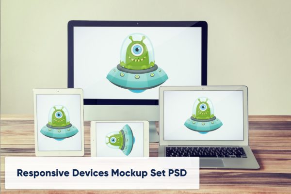 实木办公桌场景iPad/Macbook/iMac多设备屏幕预览样机 Desktop, Laptop and Tablets Mockup PSD Set