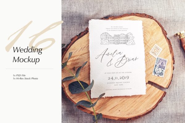 优雅风格婚礼照片&婚礼邀请函设计样机模板v16 Wedding Photo Mockup 16