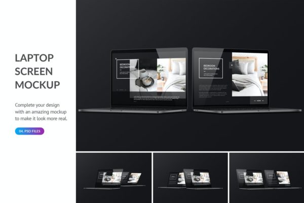 酷黑背景笔记本电脑双屏幕预览样机模板 Dark Laptop Mockup