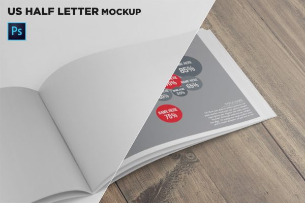 横版设计企业&品牌宣传册右侧特写图样机模板 US Half Letter Brochure Mockup Closeup Right Page