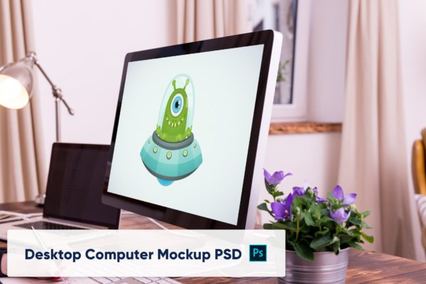 居家办公桌/书房一体机电脑屏幕预览样机PSD模板 Desktop Computer PSD Mockup in Office