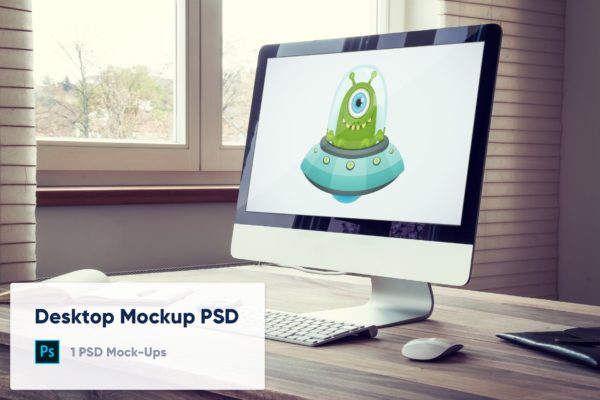 实木办公桌场景iMac一体机屏幕侧视图样机 Desktop Computer on Wooden Desk – Mockup PSD