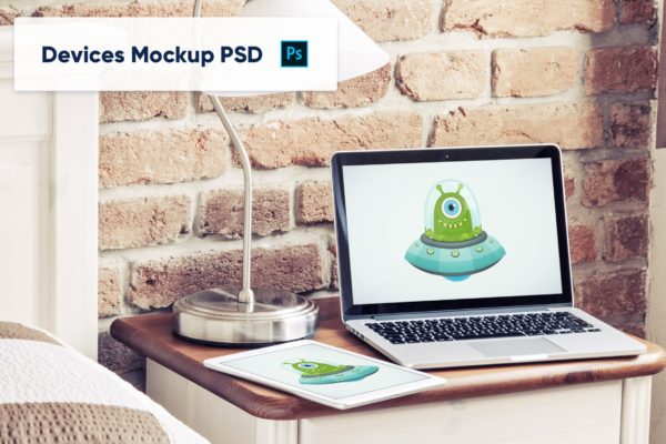 豪华装修场景iPad&MacBook电脑屏幕预览样机PSD模板v2 Laptop and Tablet in Luxury Interior – Mockup PSD
