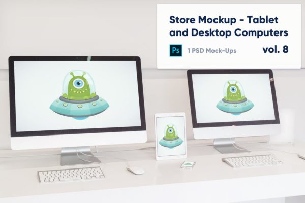零售店展柜一体机电脑/平板电脑/手机屏幕预览样机v8 Desktop Computers, Tablet and Phone Mockup