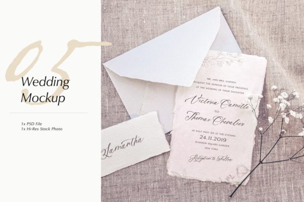 优雅风格婚礼照片&婚礼邀请函设计样机模板v05 Wedding Photo Mockup 05