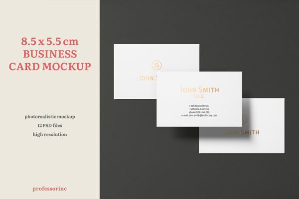 高端企业名片设计效果图样机套装 8.5×5.5cm Landscape Business Card Mockup