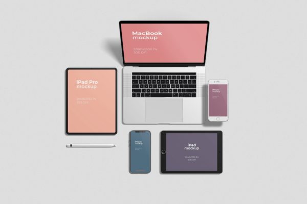 响应式网页设计多设备屏幕展示顶视图样机模板 Multi Devices Mockups Top Angle View