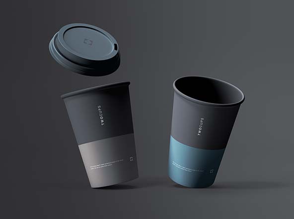 一次性咖啡纸杯设计展示样机模板 Two Disposable Coffee Cups Mockup