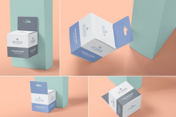 挂耳产品方盒包装设计图样机 Square Box Packaging Mockups with Hanger
