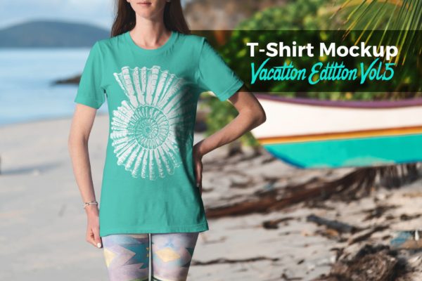 度假系列-热带风情风格服装胸前印花设计展示样机v5 T-Shirt Mockup Vacation Edition Vol. 5