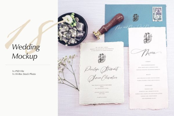 优雅风格婚礼照片&婚礼邀请函设计样机模板v18 Wedding Photo Mockup 18