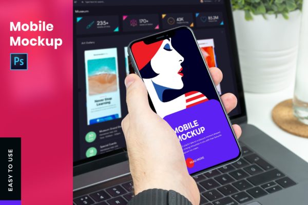 手持全面屏手机UI设计演示样机模板 Mobile With Hand Mockup