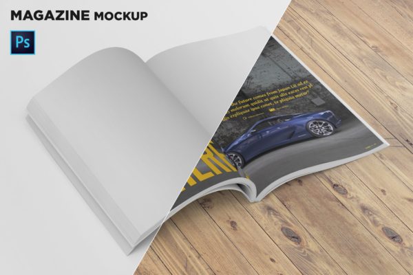 杂志内页排版设计翻页透视图样机 Magazine Mockup Folded Page Perspective View