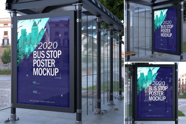 公交巴士站橱窗海报张贴效果图样机 Bus Stop Poster – Mockups FH