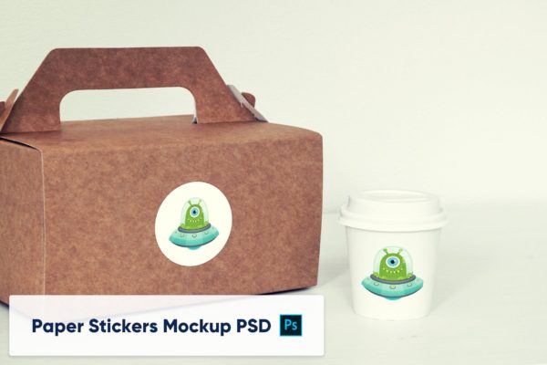 牛皮纸外带包装贴纸Logo设计展示样机模板v2 Paper Sticker on Paper Box and Paper Cup – Mockup