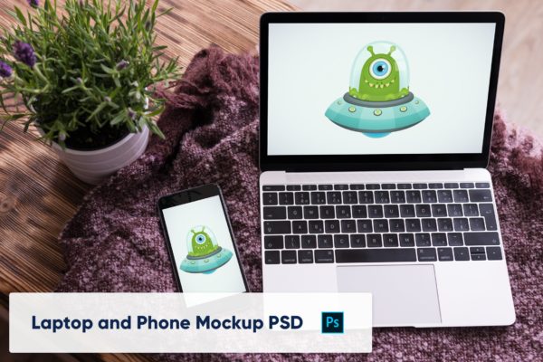 优雅办公场景iPhone&MacBook屏幕演示效果图样机 Phone and Laptop Mockup PSD