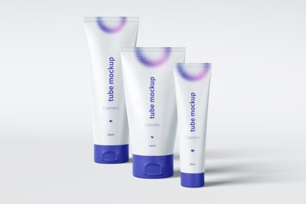 三种尺寸规格妆品护肤品包装软管外观设计前视图样机模板 Cosmetic tubes mockup, three size