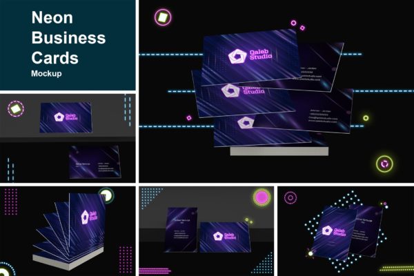 霓虹灯未来科技感企业名片设计预览样机 Neon Business Cards Mockup