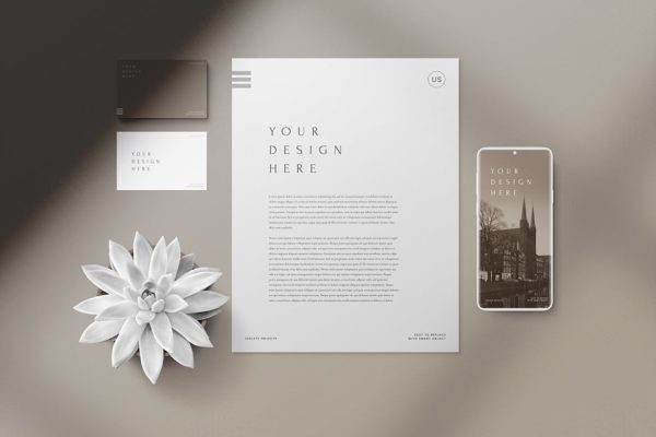 文具品牌设计俯视效果样机模板 A4 Paper, Business Cards & Smartphone Mockup