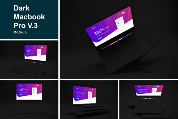 暗黑背景MacBook Pro笔记本电脑设计图预览样机v3 Dark Macbook Pro Mockup V.3