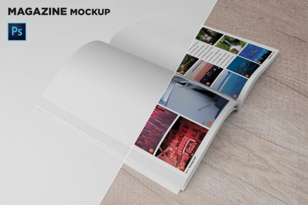 杂志内页排版设计45度角预览样机 Magazine Mockup 45 Degree