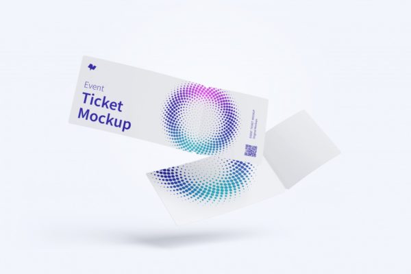 门票入场券悬浮展示效果图样机 Event ticket mockup, floating