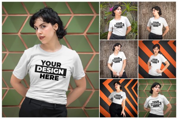 女士纯棉T恤印花图案设计效果图样机模板 Women’s Bella + Canvas 3001 T-Shirt Mockups
