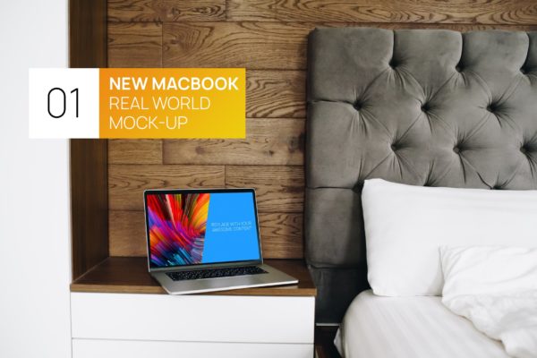 卧室场景MacBook Pro笔记本电脑屏幕演示样机 Interior MacBook Pro Touchbar Real World Mock-up