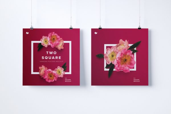 1:1比例两幅肖像油画海报展示样机 Two 1:1 square hanging posters mockup