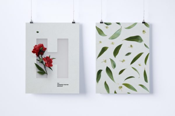 3:4比例悬挂式海报/绘画/肖像展示画框样机模板 Two 3:4 portrait hanging posters mockup