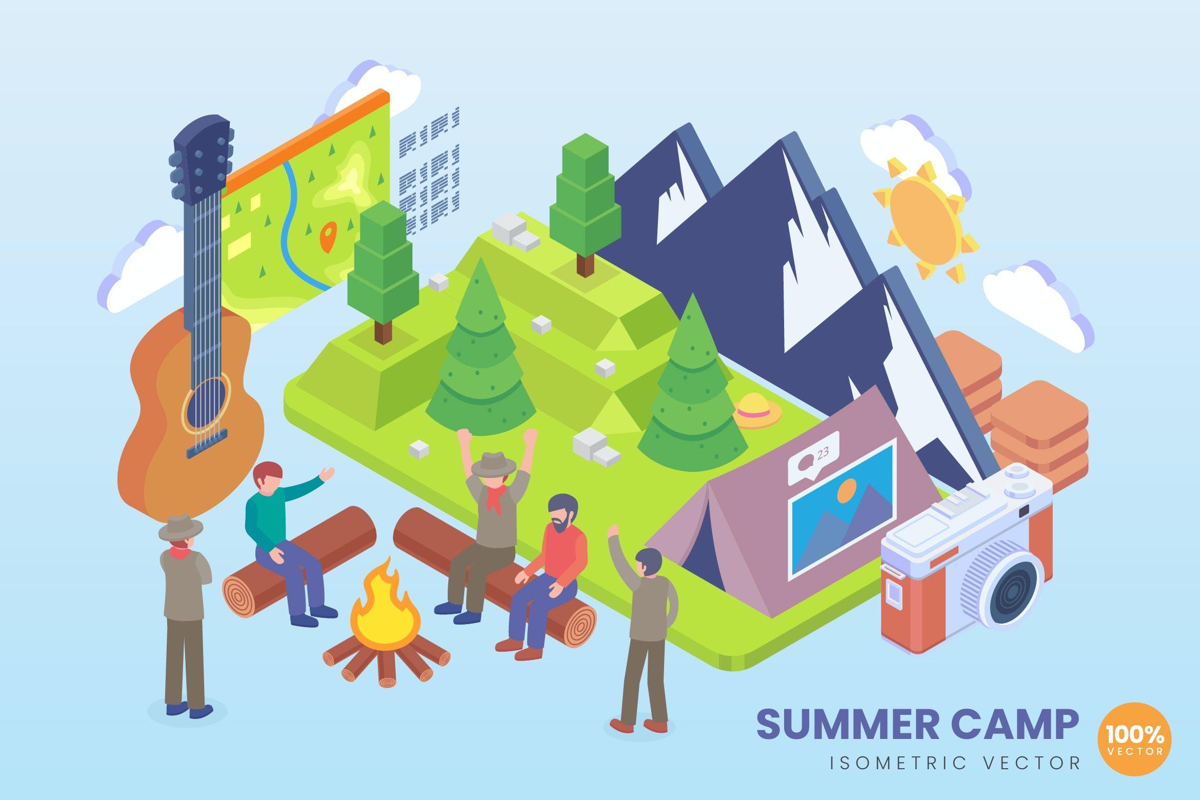 夏令营主题2.5D矢量等距概念插画 Isometric Summer Camp Vector Concept