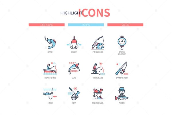 钓鱼垂钓主题线性设计风格矢量插画 Fishing concept – line design style icons set