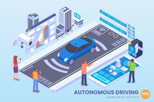 汽车自动驾驶技术主题等距矢量概念插画 Isometric Autonomous Driving Vector Concept