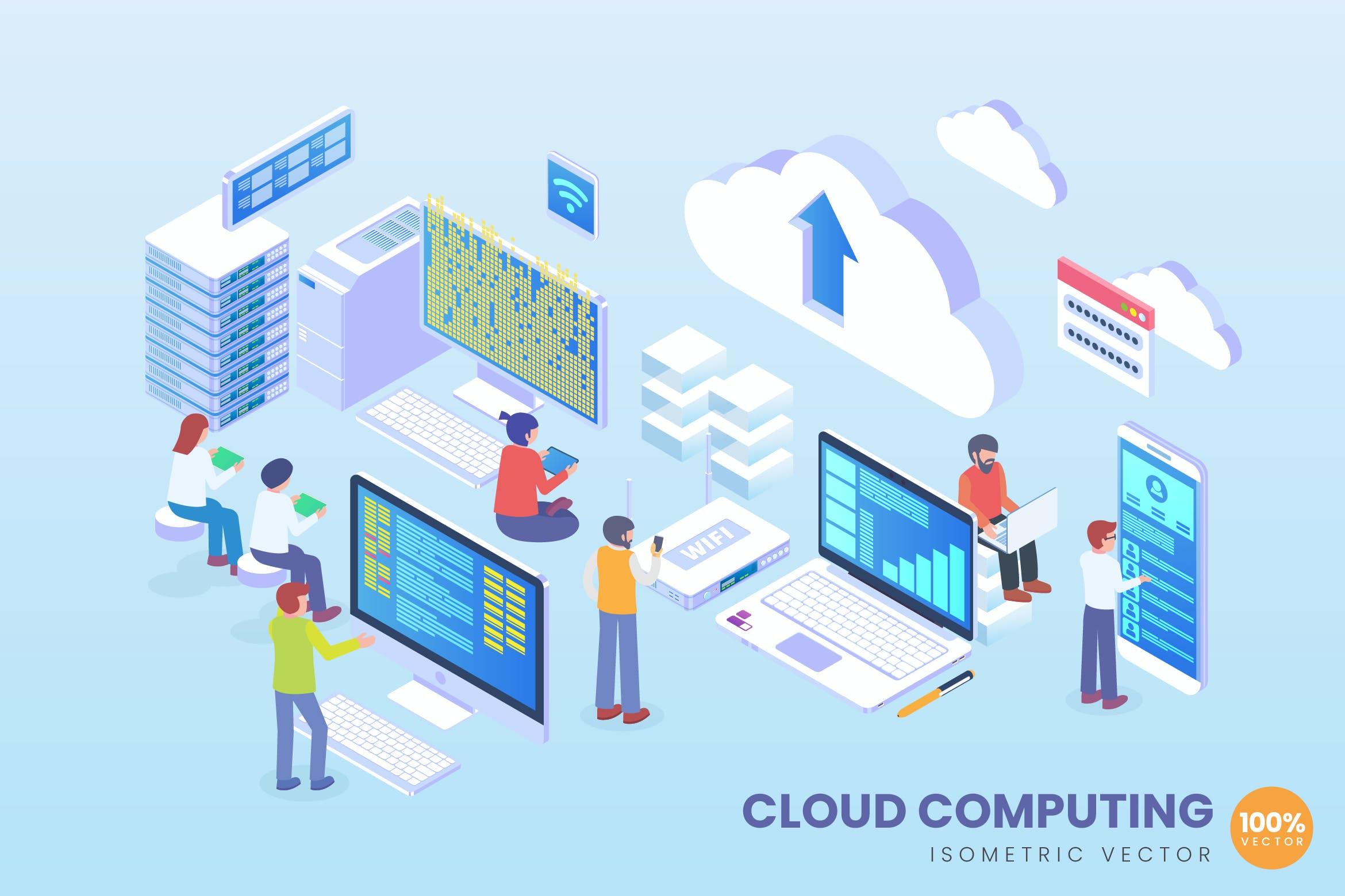 云计算技术2.5D矢量等距概念插画 Isometric Cloud Computing Vector Concept