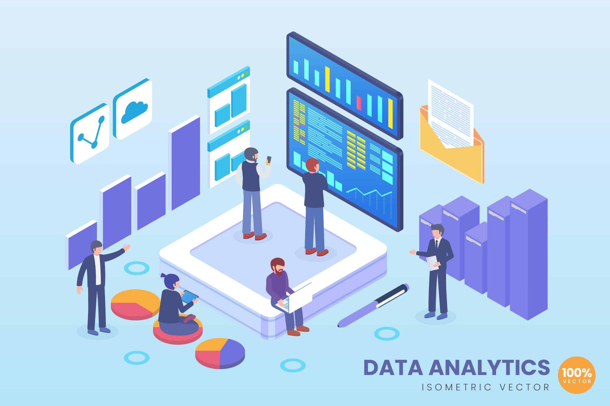互联网数据分析主题矢量等距概念插画 Isometric Data Analytics Vector Concept