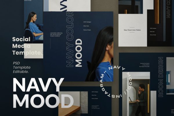 海军蓝配色居家办公主题社交媒体故事PSD模板 Navy Mood – Social Media Template + Stories