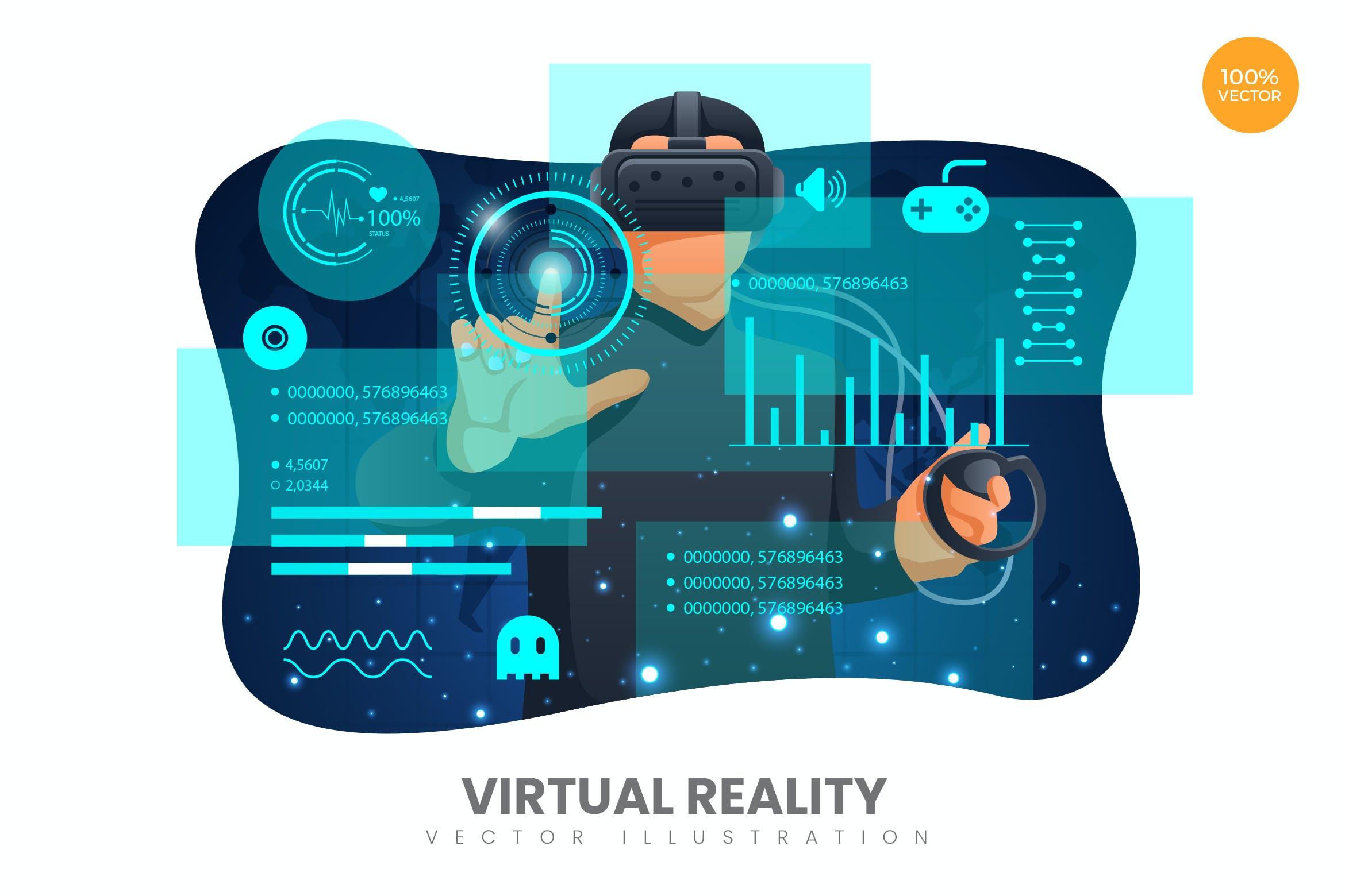 VR虚拟现实APP网页设计矢量概念插画 Virtual Reality Vector Illustration Concept
