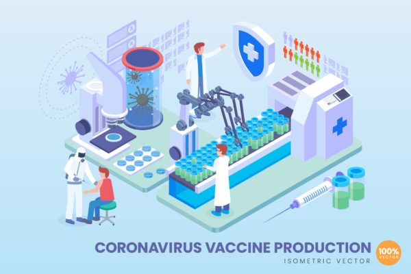 COVID-19冠状病毒疫苗生产矢量概念插画 Isometric Coronavirus Vaccine Production Vector