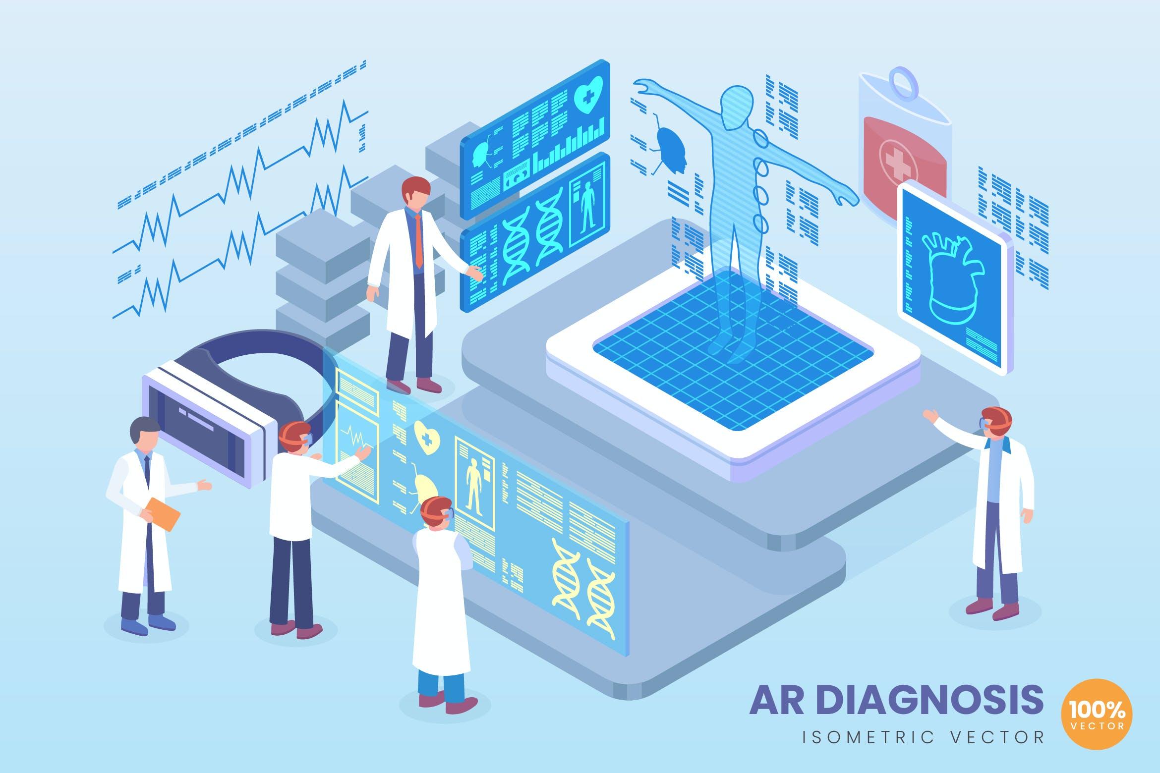 增强现实医疗诊断技术主题等距矢量概念插画 Isometric Augmented Reality Diagnosis Vector
