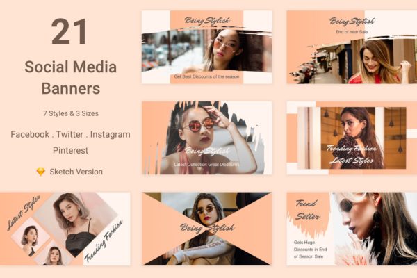 21款社交媒体广告Banner设计SKETCH模板v1 21 Social Media Banners Kit (Vol. 1) for Sketch