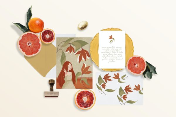 柑橘装饰元素邀请函设计样机模板 Citrus Invitation Card Mockup