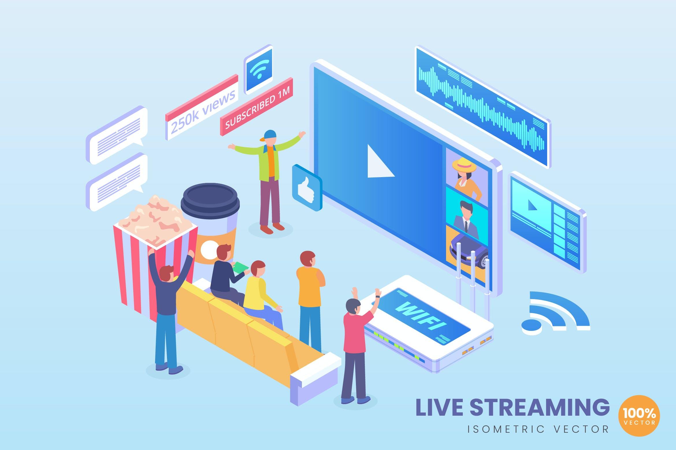 直播流媒体技术2.5D矢量等距概念插画 Isometric Live Streaming Technology Vector Concept
