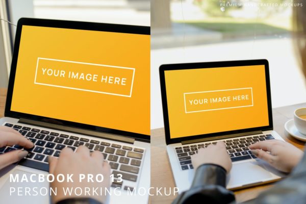 咖啡馆工作场景MacBook Pro 13电脑屏幕展示效果图样机 MacBook Pro 13 Person Working in Cafe Mockup