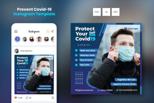 预防冠状病毒Instagram社交宣传模板 Prevent Coronavirus Instagram Template