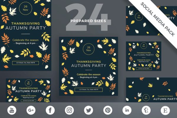 感恩节庆祝活动主题社交媒体贴图设计模板v1 Thanksgiving Party Social Media Pack Template