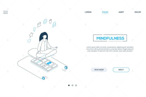 冥想主题线性设计风格矢量插画v1 Mindfulness – line design style isometric banner