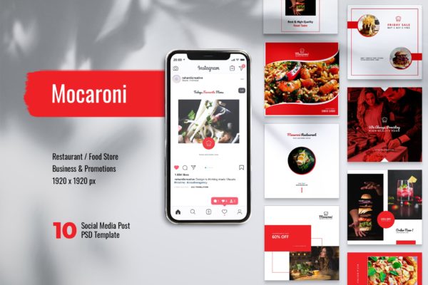 餐馆美食主题Instagram&Facebook社交文章贴图设计PSD模板 MOCARONI Restaurant/Food Instagram & Facebook Post