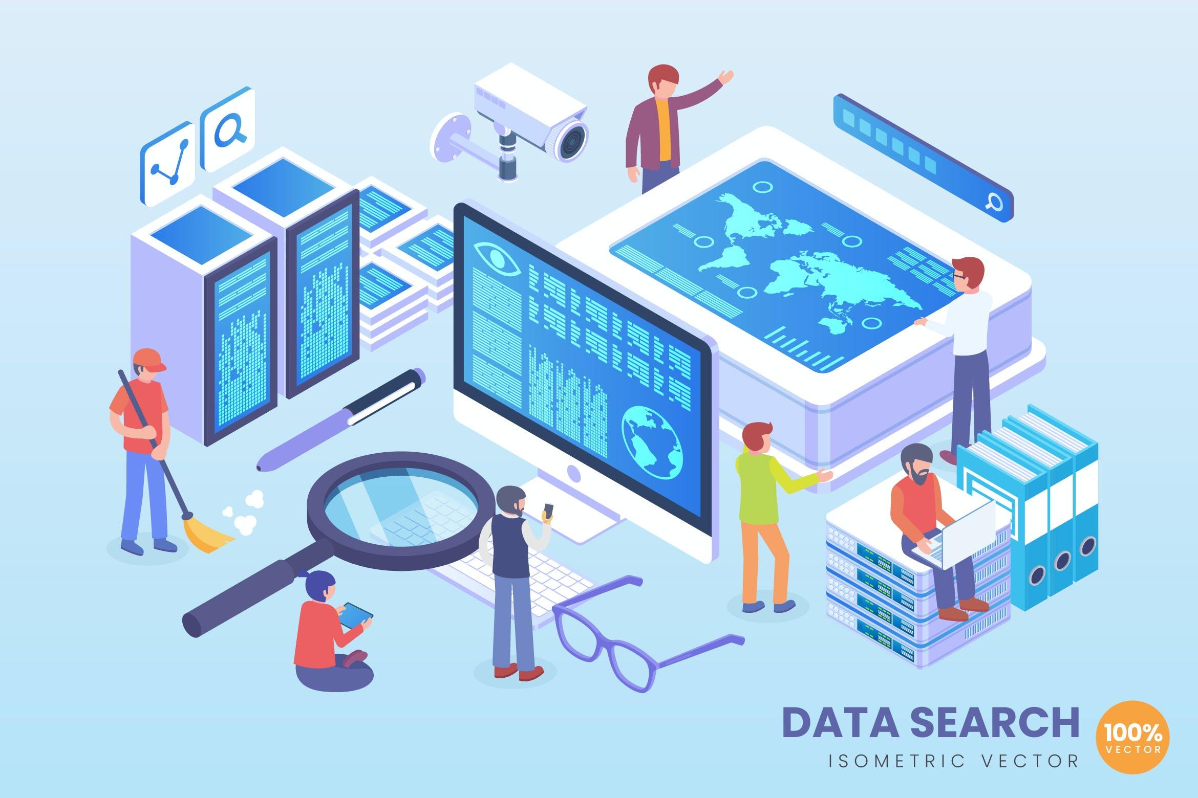 数据搜索技术2.5D矢量等距概念插画 Isometric Data Search Vector Concept Illustration