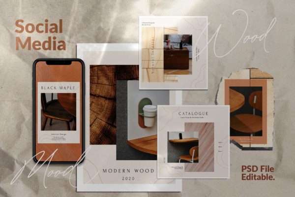 木纹背景家具品牌推广社交媒体故事PSD模板 WOOD MOOD – Social Media Template